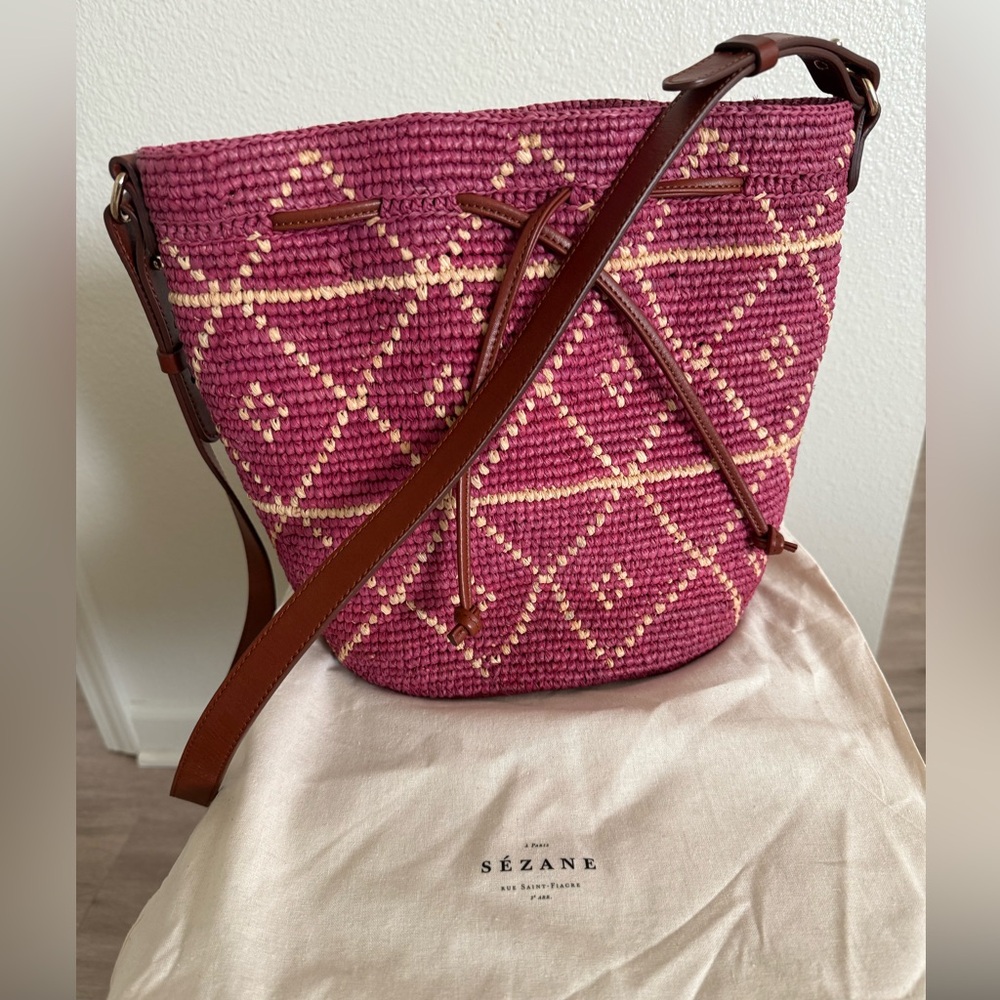 Sezane Pink and Cream Woven Bucket Crossbody with Brown Strap